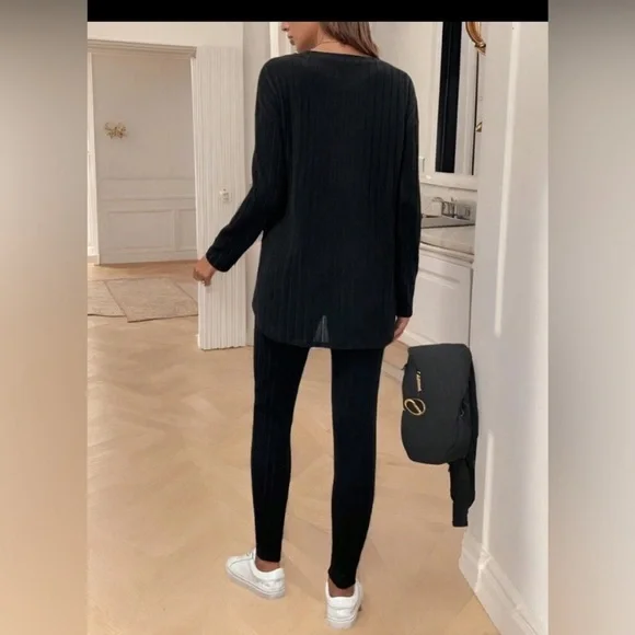 NWOT/SHEIN Black Ribbed Knit Leggings Set - Picture 3 of 5